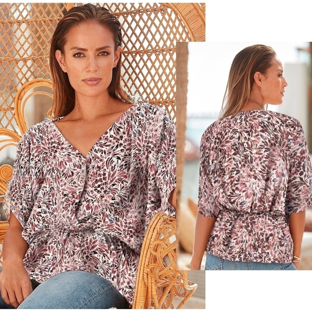 LASCANA Nwt Floral Print Dolman Sleeve Surplice Front Blouse, Elastic Waist, 2X